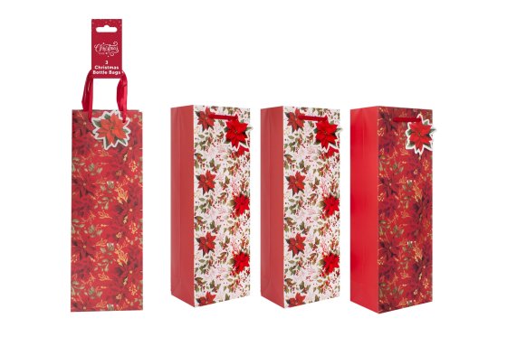 PACK OF 3 BOTTLE BAGS RED POINSETTIA