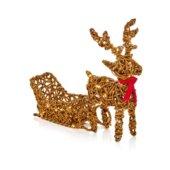 60 LED LIT RATTAN LOOK REINDEER N SLEIGH WARM WHITE 50X39CM