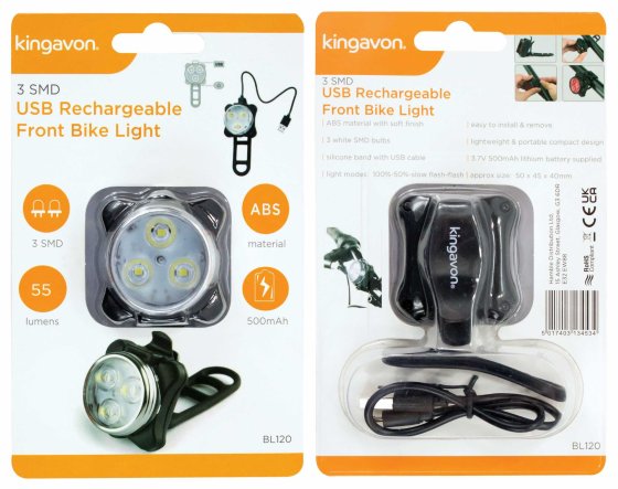 BIKE LIGHT FRONT RECHARGEABLE USB 3 SMD