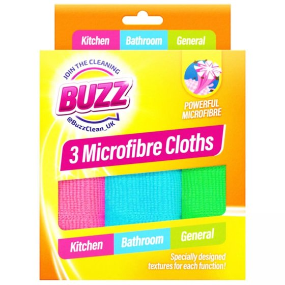 CLOTHS MICROFIBRE BUZZ 3PK COLOUR BOX