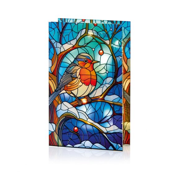 LIT ROBIN ON BRANCH STAINED GLASS 21 X 13CM