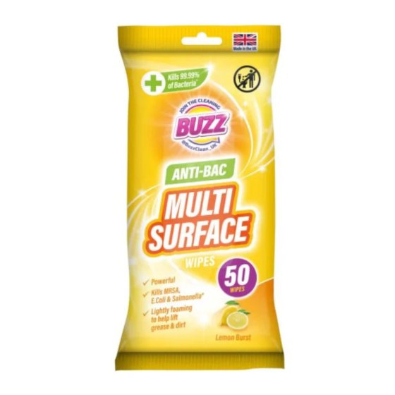 BUZZ MULTI SURFACE ANTI-BACTERIAL WIPES 50PK