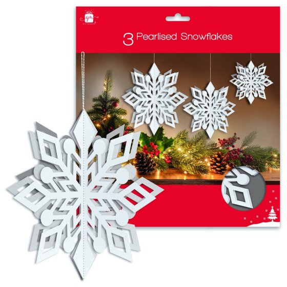 DECORATION HANGING PEARLISED SNOWFLAKE 3PK