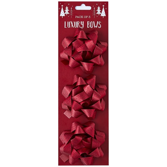 XH3307 BOW CARD 3 RED 7.5CM GLITTER