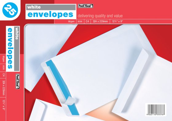 SH00909 WHITE PSEAL ENVELOPES C4 25S