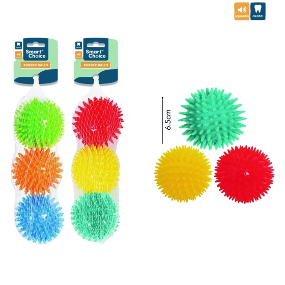 SJ11304 DOG BALL SPIKY RUBBER 3PK ASST