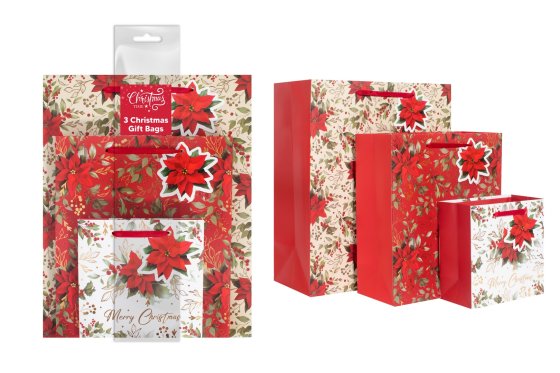 PACK OF 3 GIFT BAGS RED POINSETTIA