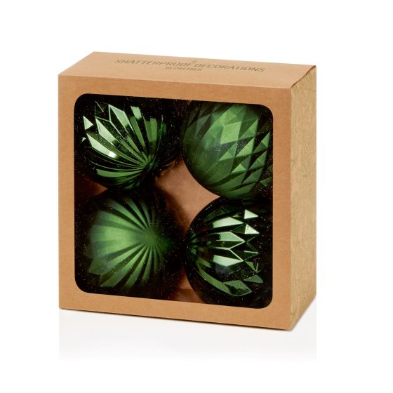 XH3708 BAUBLES 4PK DARK GREEN GEO DES