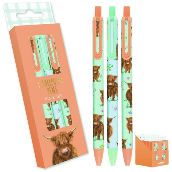 SJ01307 PENS BALLPOINT BLACK INK 3PK HIGHLAND COW